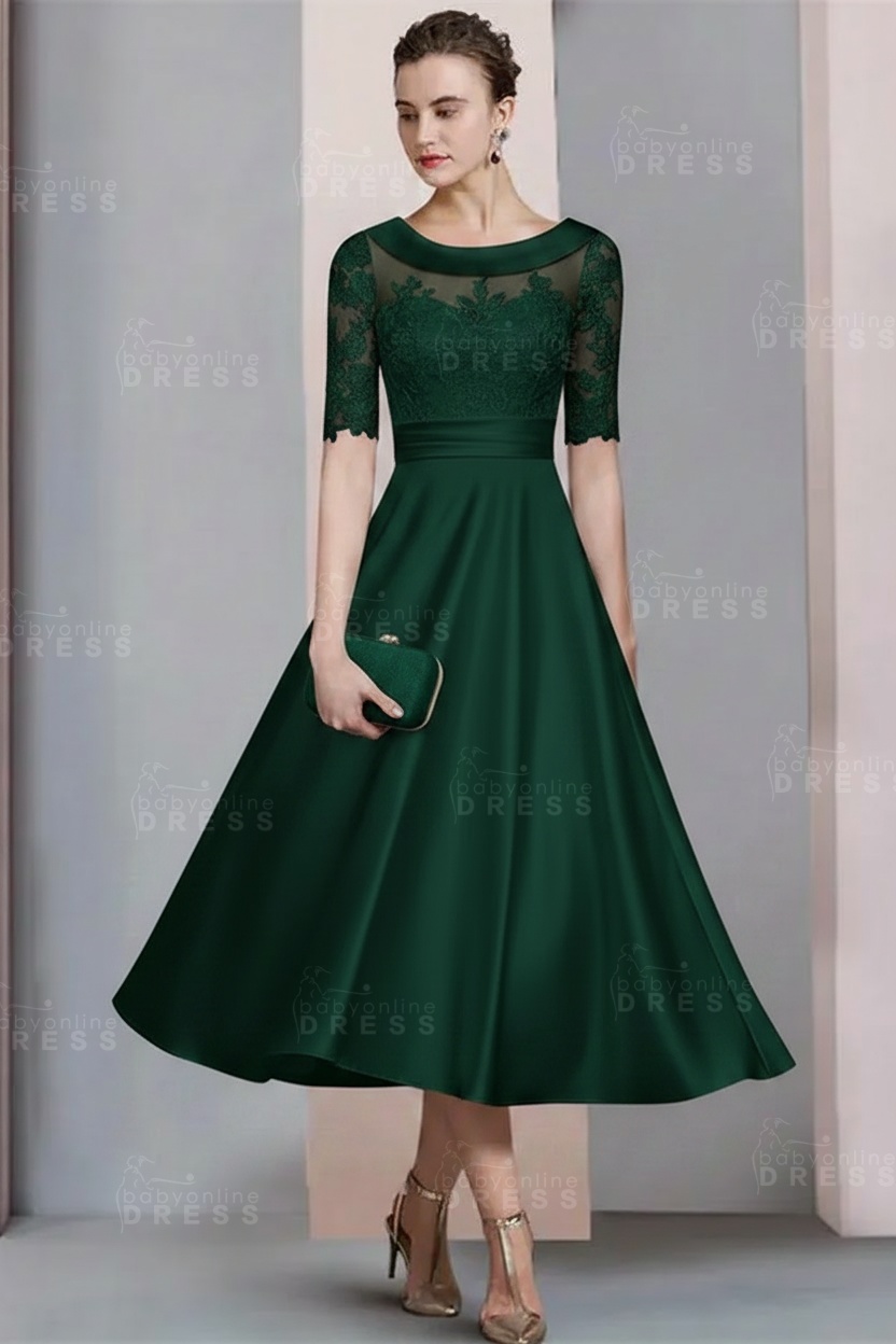 Elegant Ivory Jewel Lace Beading A-Line Tea Length Satin Wedding Guest Dress Formal Mother Dress
