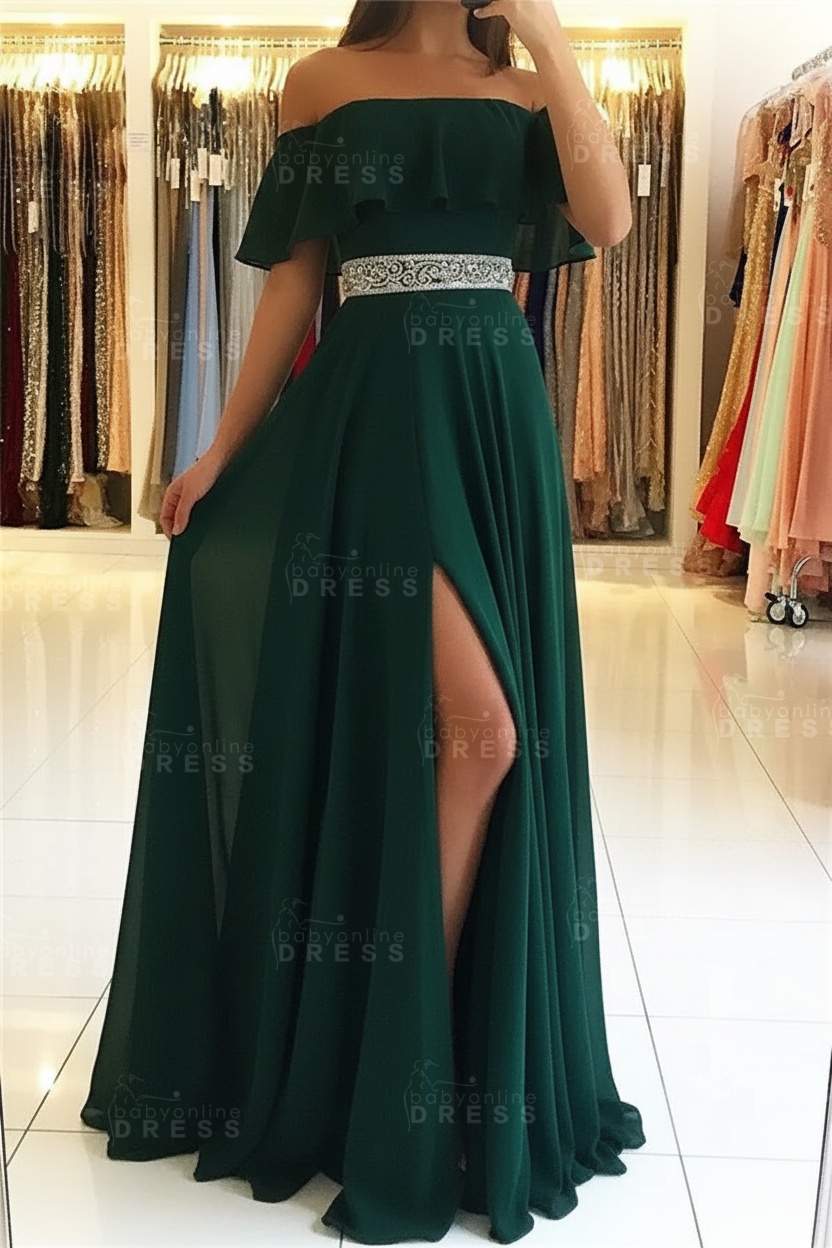 Sky Blue Off The Shoulder Evening Dresses Sexy | Chiffon Side Slit Prom Dress with Crystals Belt