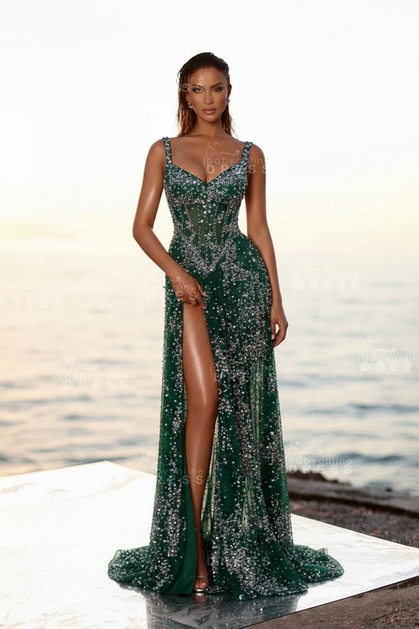 Sweetheart Silver Mermaid High Split Floor length Prom Dresses with Beadings