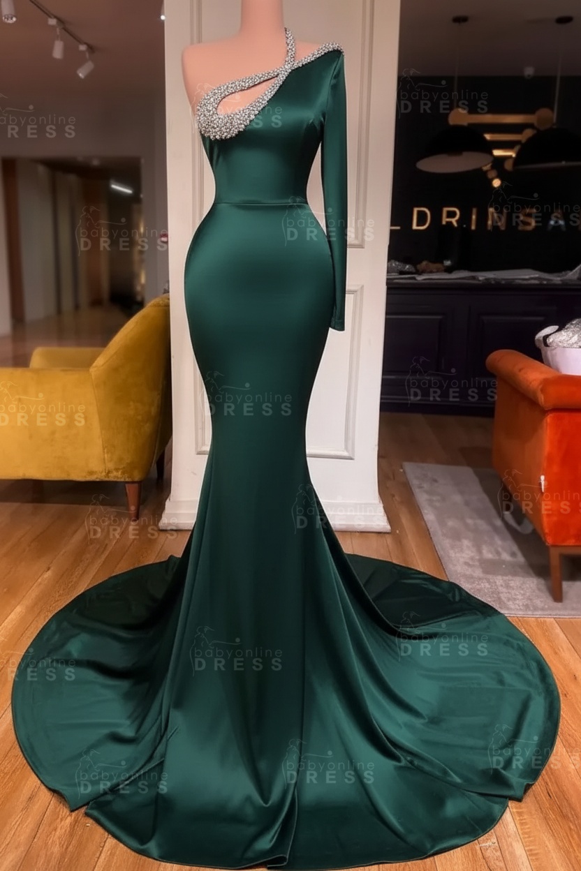 Long sleeves Beaded neckline Black Mermaid Prom Dresses