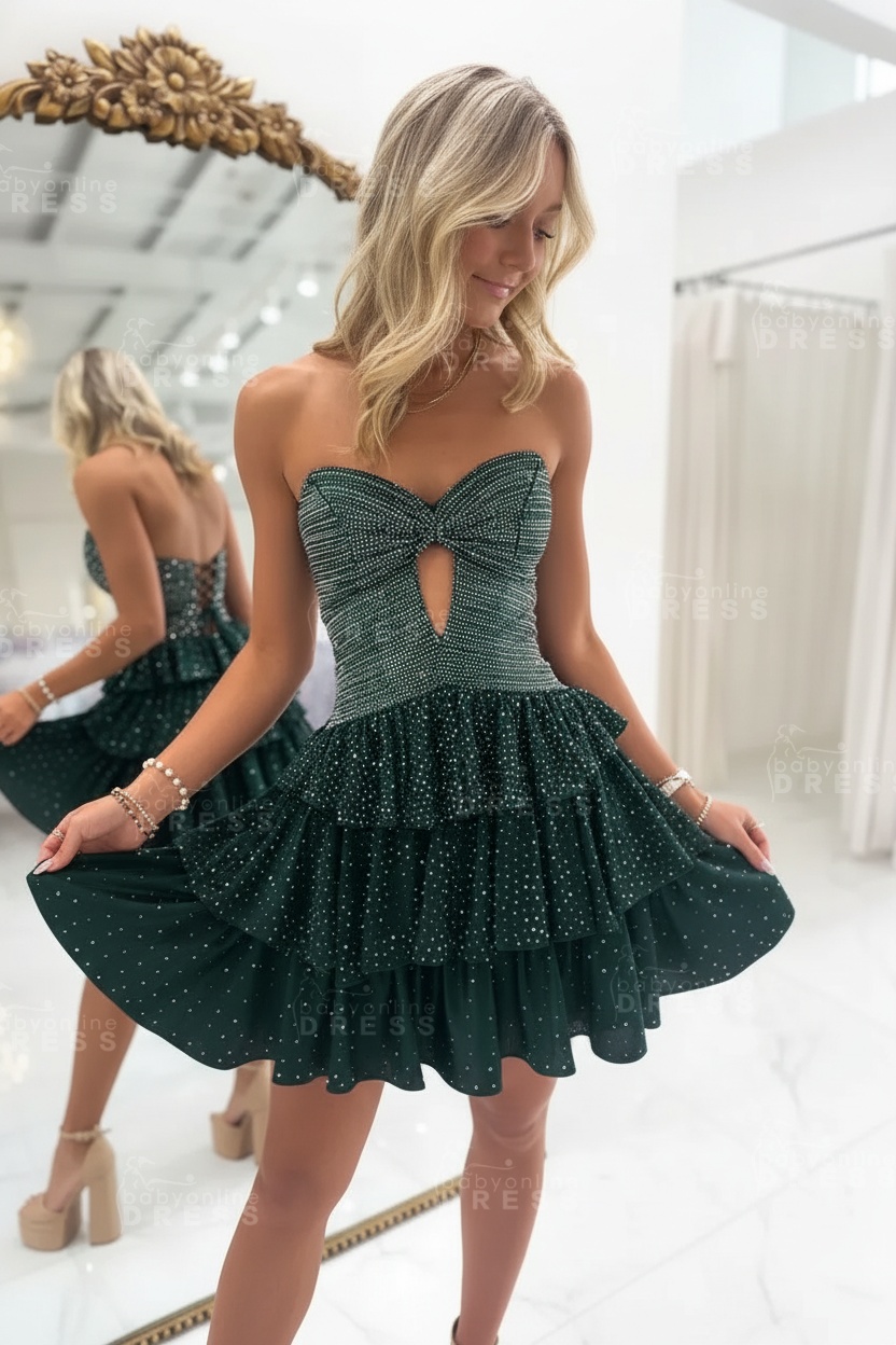 Black Sweetheart Rhinestone Bow Cutout A-Line Tiered Mini Homecoming Dress