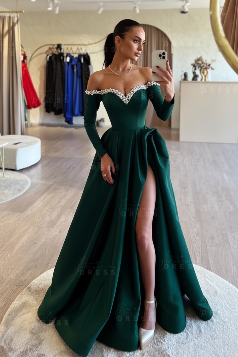 Long sleeves Pearls A-line Princess Front Split Black Prom Dresses