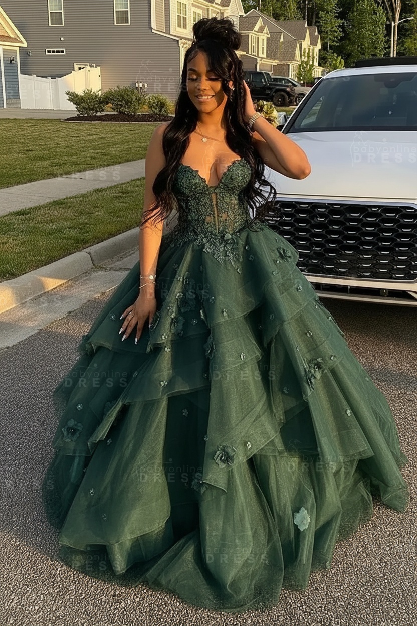 Sleeveless V-Neck Tulle Aline Prom Dress Floral Tiered Ruffles Corset Evening Dress
