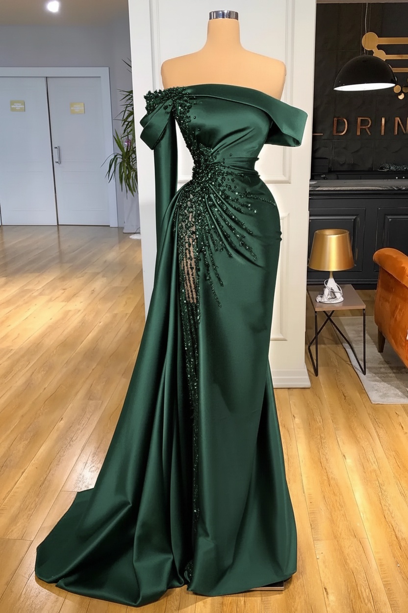 Off-the-Shoulder Satin Floor Length Prom Dress with Side Slit