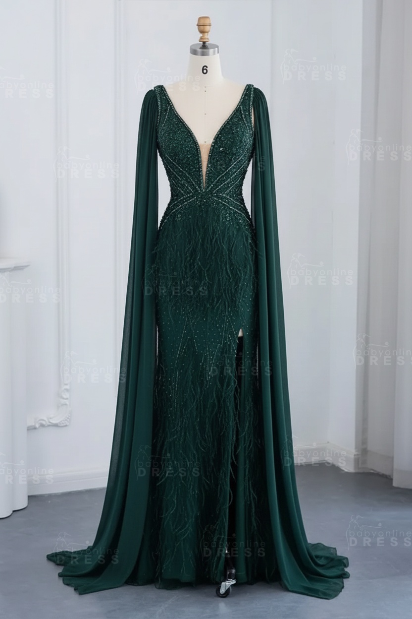 Glamorous V-Neck Fur Beadings Front Slit Mermaid Evening Gowns with Tulle with Cape Sleeves Wedding Party Dress