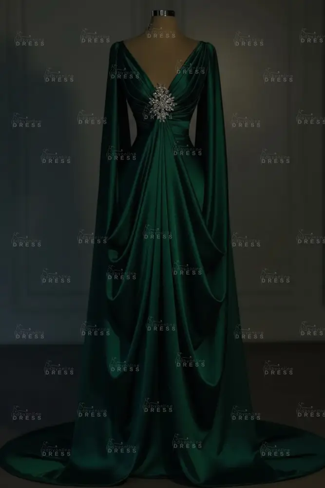 Long sleeves V-neck Satin Ruffles Mermaid Prom Dresses Floor-Length