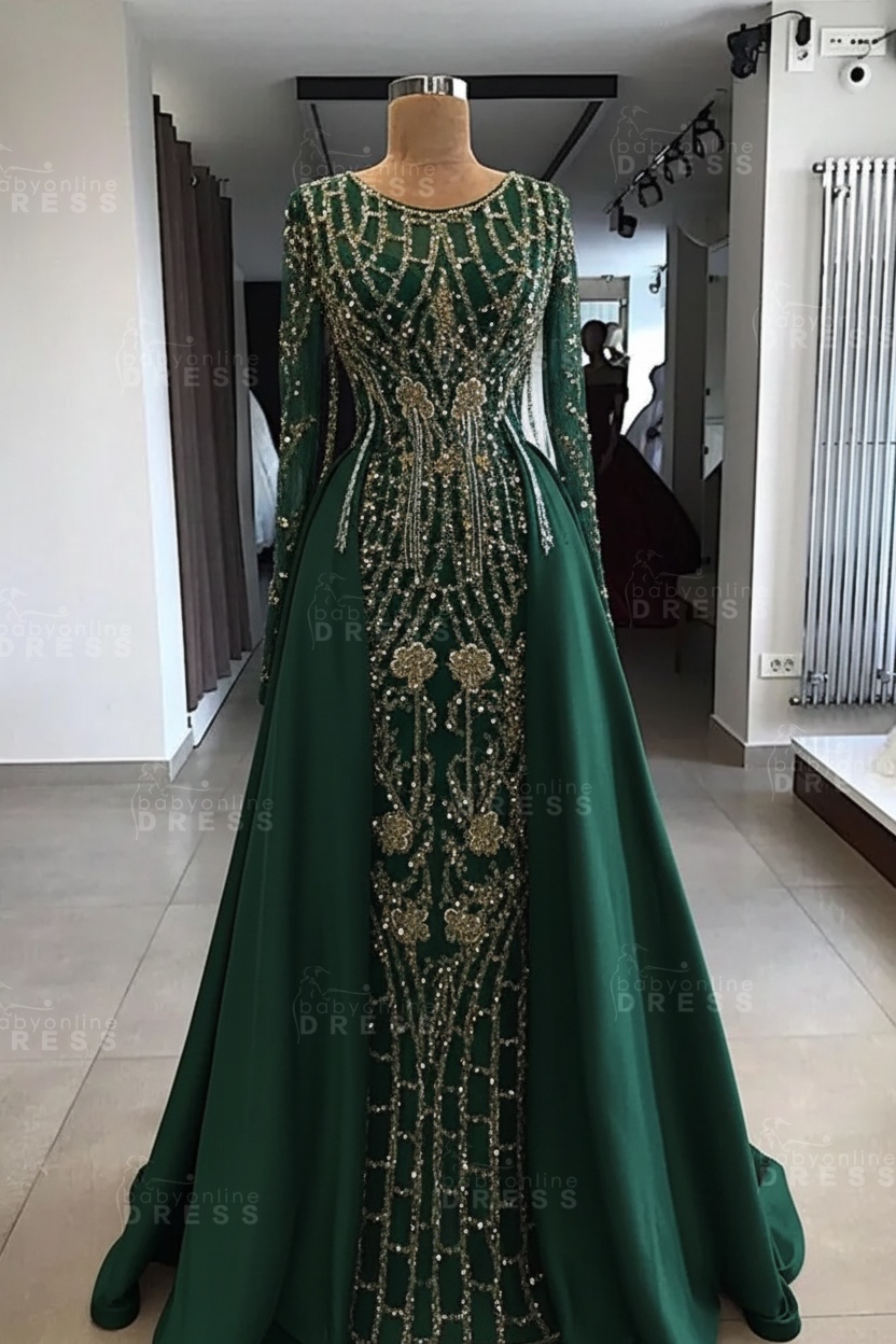 Shining Beaded Long Sleeves Round Neck Prom Dresses With Over Skirt | A Line Evening Gowns