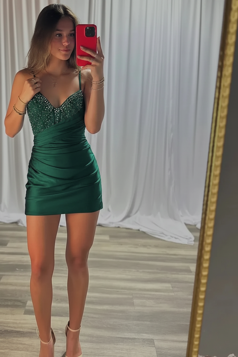 Spaghetti Straps Satin Tight Short Homecoming Dress with Beadings
