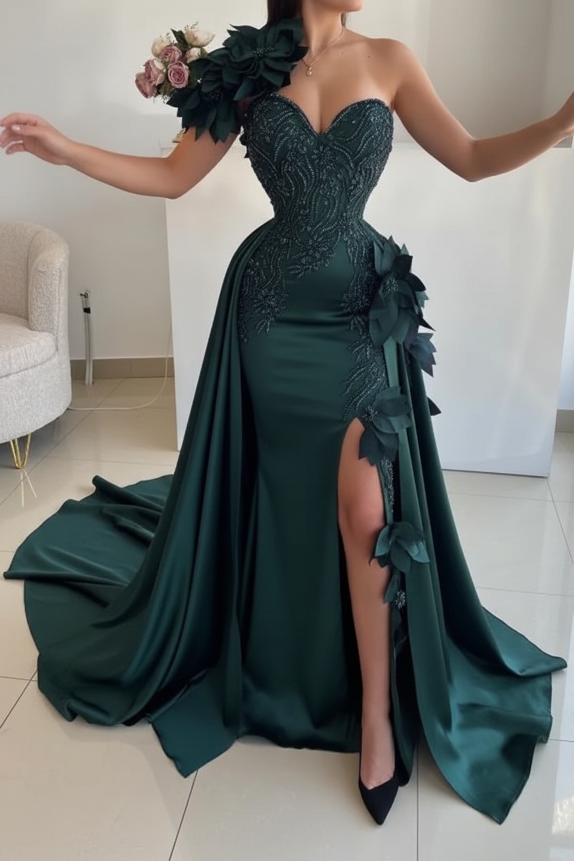 Flowers One shoulder Mermaid Long Prom Dresses with High Split
