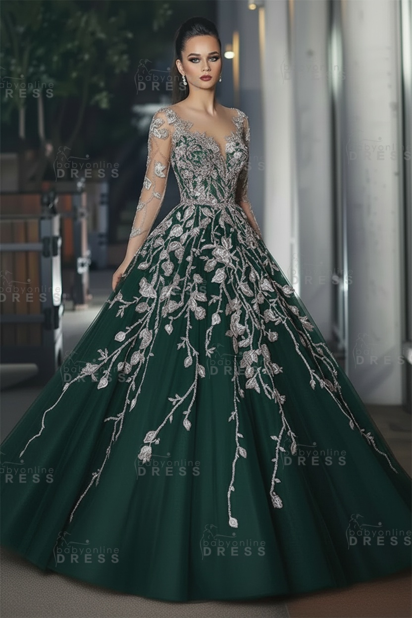 Stunning Illusion Long Sleeve Sexy Evening Gowns | A-line Lace Appliques Tulle Prom Dress