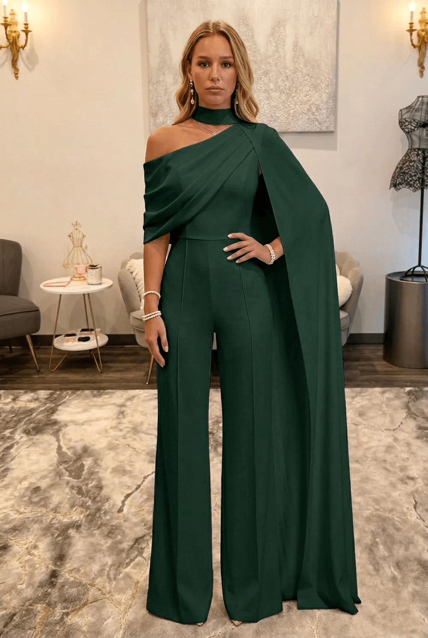 Dark Green Asymmetric Neck One-Shoulder Bridal Formal Jumpsuit with Sash