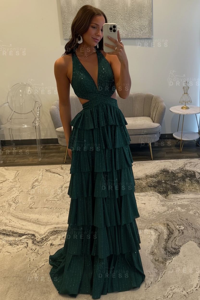 Halter Aline Prom Dress Sequined V-Neck High Split Evening Dress Long
