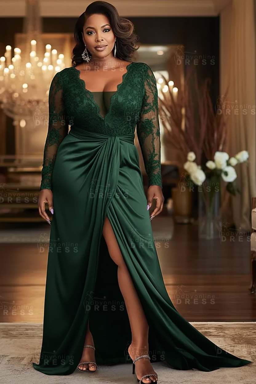 V-neck Appliques Lace Long Sleeve A-Line Prom Dresses with Slit