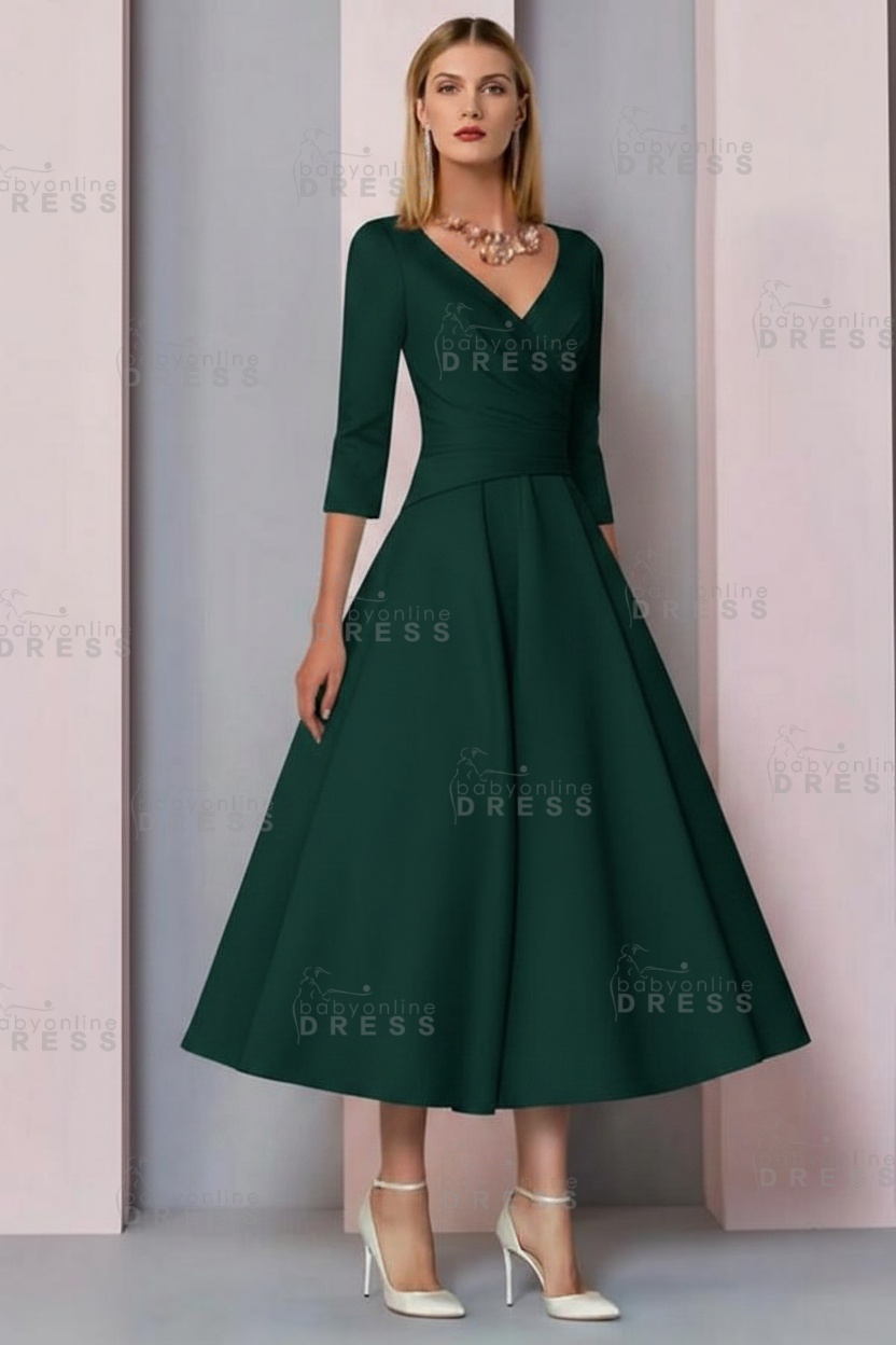 Half Sleeves White Ankle Length Mother of the Bride Dress V-Neck Satin Wedding Guest Dress