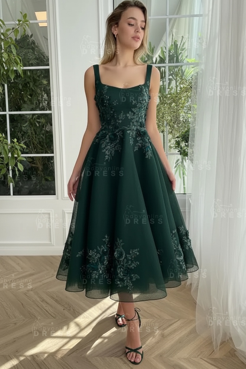 Burgundy Ankle length square neck Homecoming Dress Tulle Aline Formal Dress