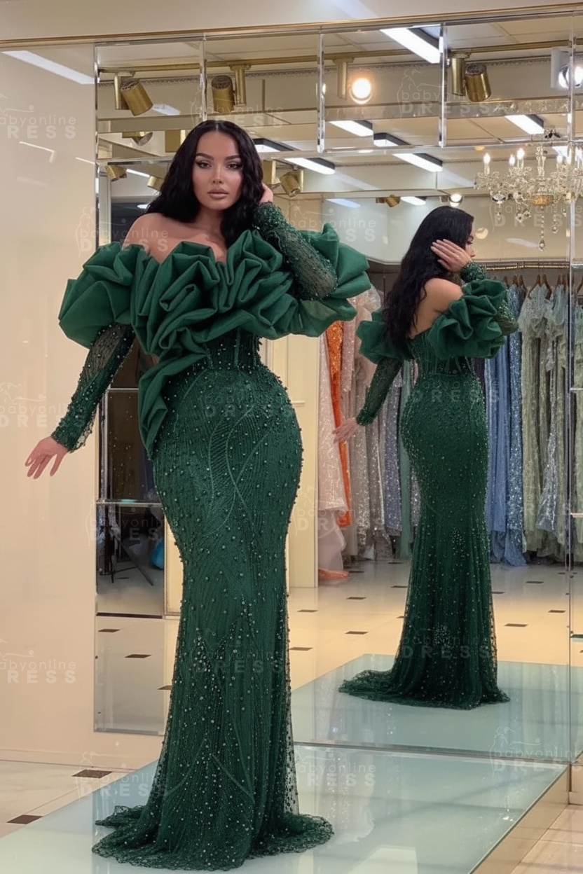 Bubble Sleeves Long Mermaid Prom Dress with Sequins and Beadings