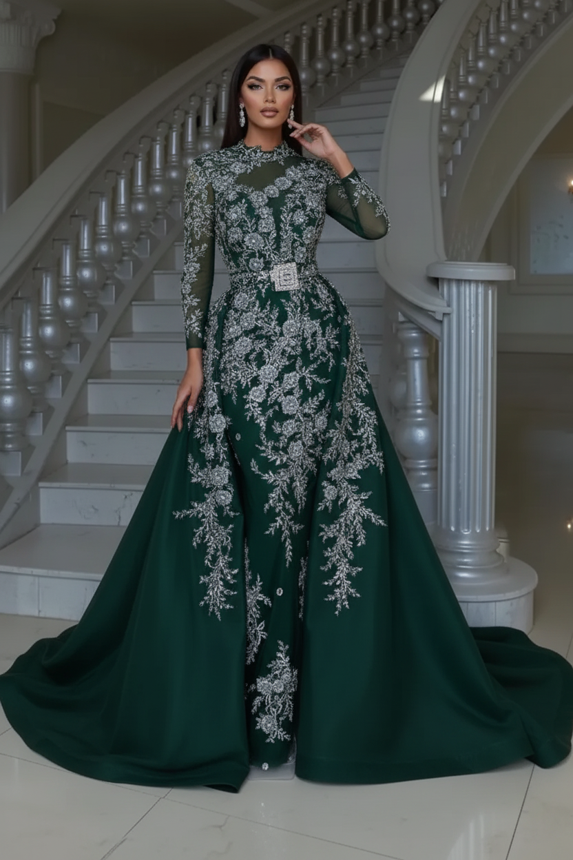 Luxury Appliques Floor Length Overskirt Lace Mermaid Prom Dresses with Long Sleeves 