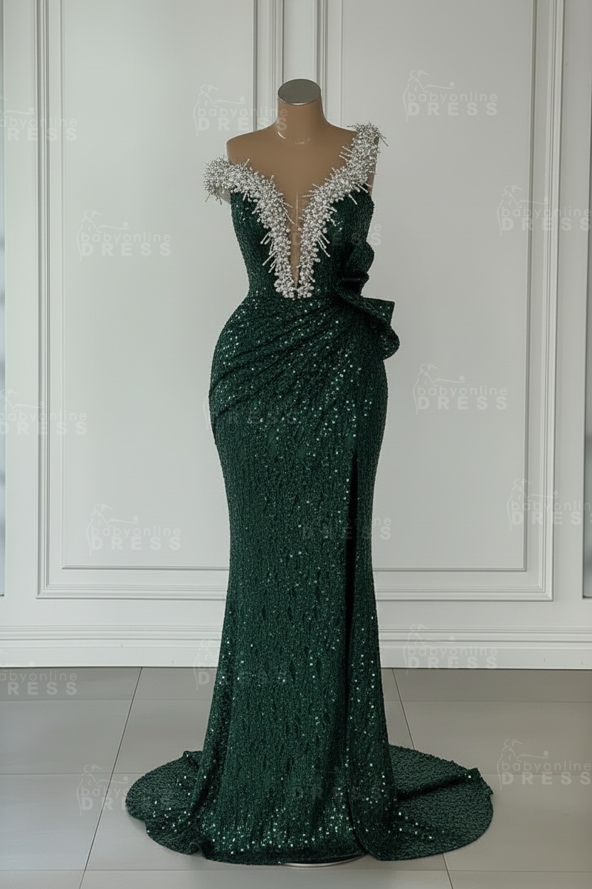 One Shoulder Sequins Sleeveless Long Mermaid Prom Dress