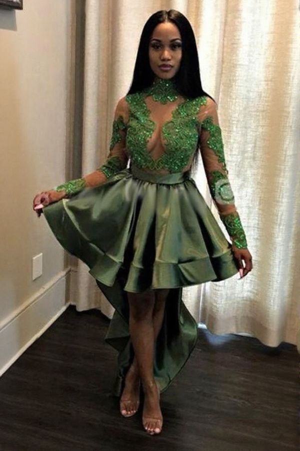 Sexy See Through Lace Long Sleeve Prom Dress | Hi-lo Dark Green Evening Dress