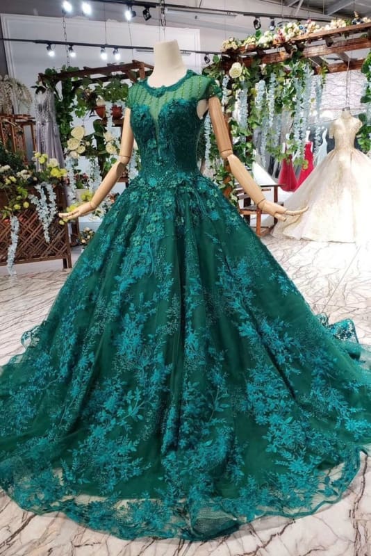 Dark Green Lace Ball Gown Prom With Beads Quinceanera Dress with Flowers - Prom Dresses