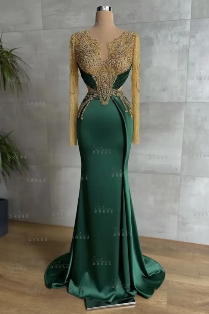 Gold Long sleeves Satin Mermaid V-neck Prom Dresses