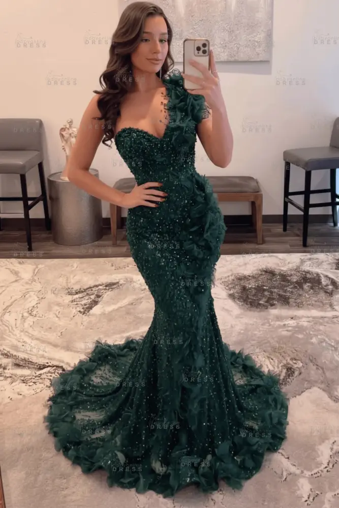 Luxury One Shoulder Sequins Mermaid Prom Dress with Beadings Evening Gown Appliques