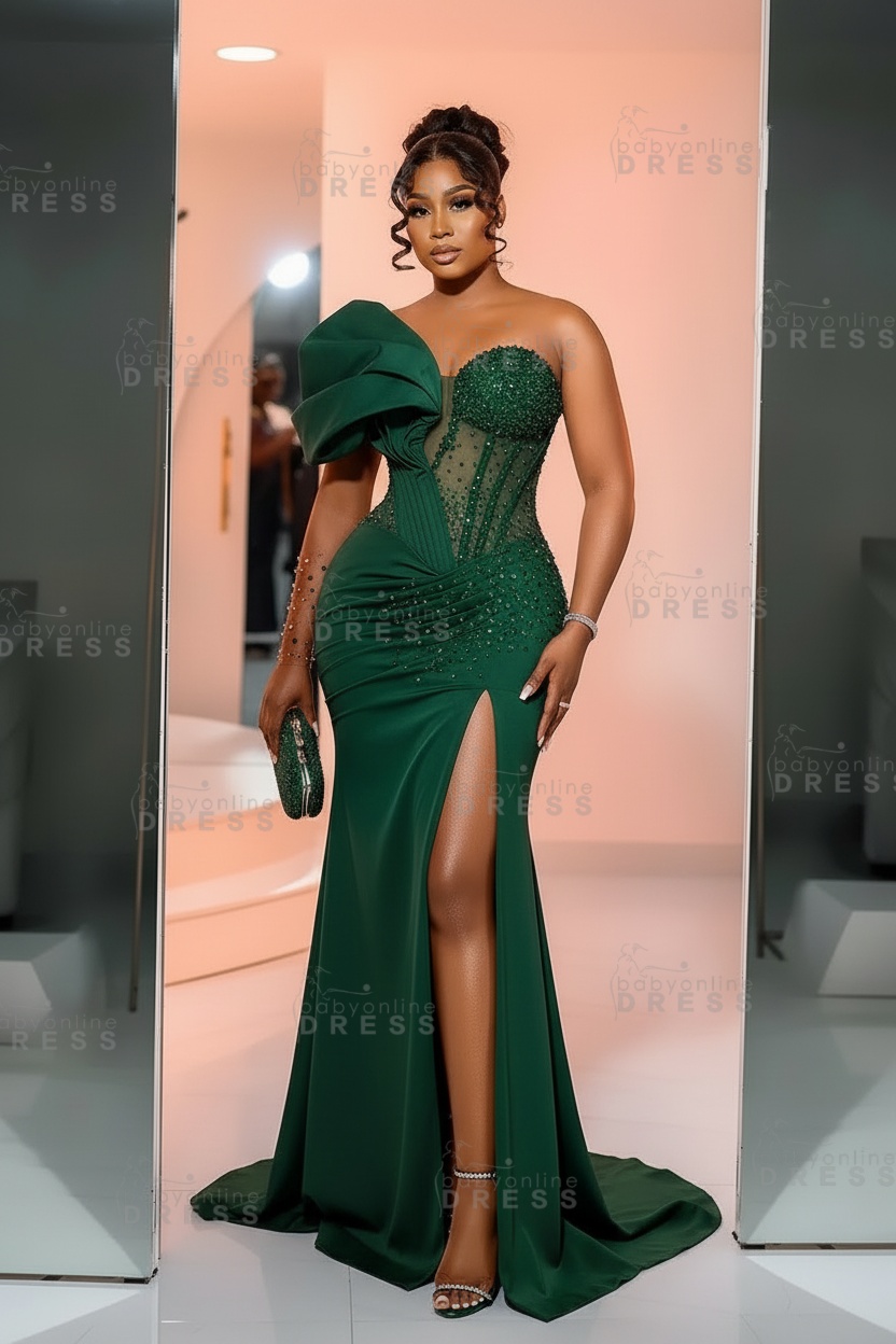 One-Shoulder Long Sleeves Corset Beadings Mermaid Prom Dress with High Split