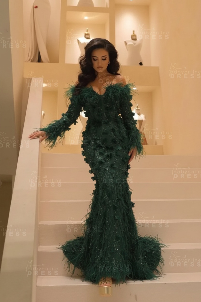 V-neck Long Sleeves Mermaid Evening Dresses Floor Length with Flowers