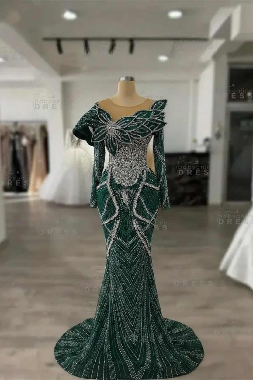 Luxury Crystals Long Sleeves Floor-Length Mermaid Prom Dress with Flowers 