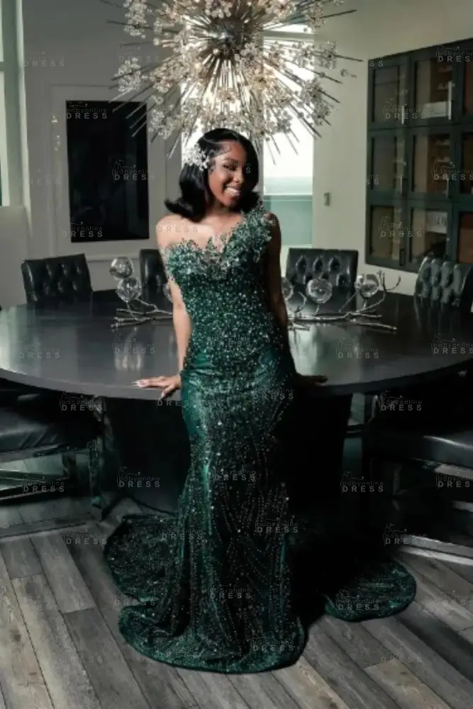 Strapless Dark Green Mermaid Prom Dress with Beadings