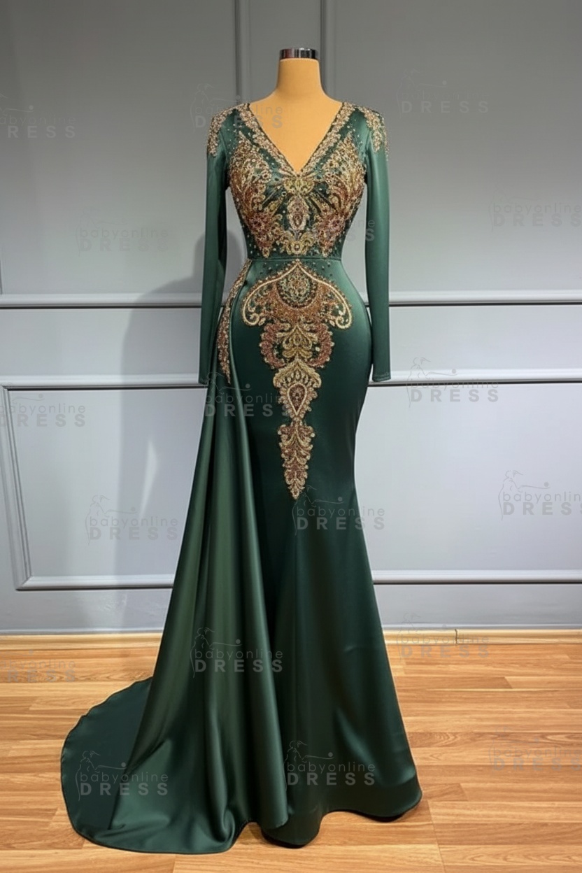 Glamorous V-Neck Long Sleeves Mermaid Prom Dress with Crystals