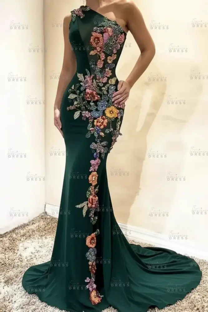 Amazing One-Shoulder Floral Pattern Beadings Floor-Length Mermaid Prom Dress 