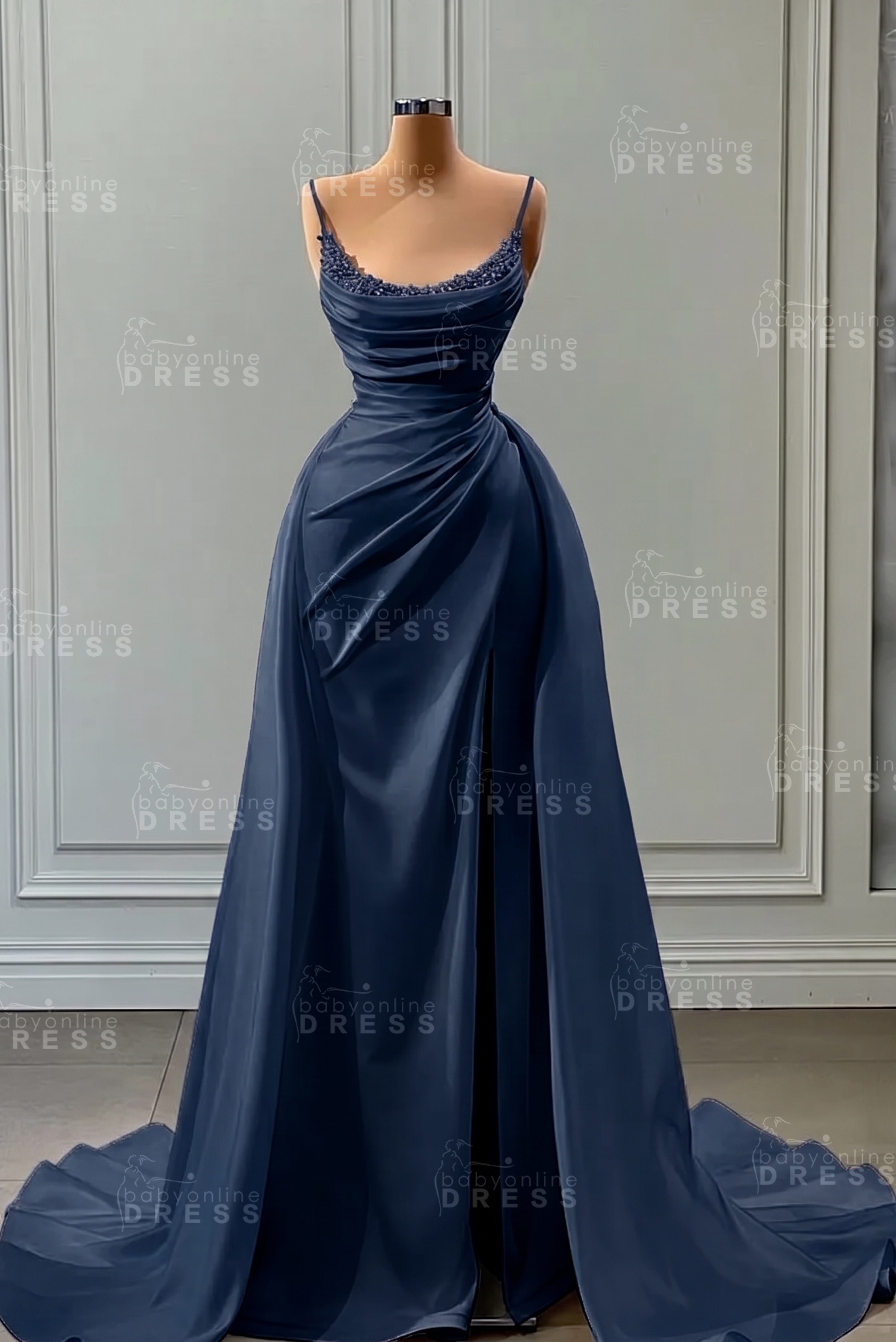 White Spaghetti Straps Satin Mermaid Prom Dress with High Split