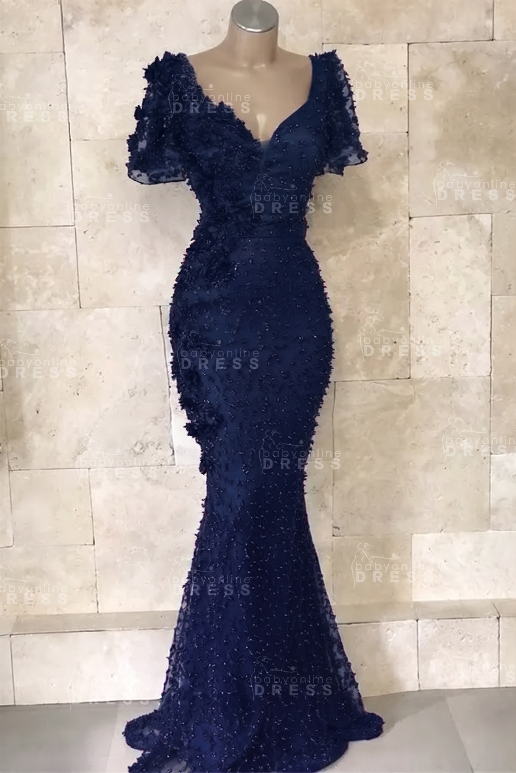 Glamorous V-Neck Short Sleeves Beading Flower Mermaid Floor-Length Prom Dresses