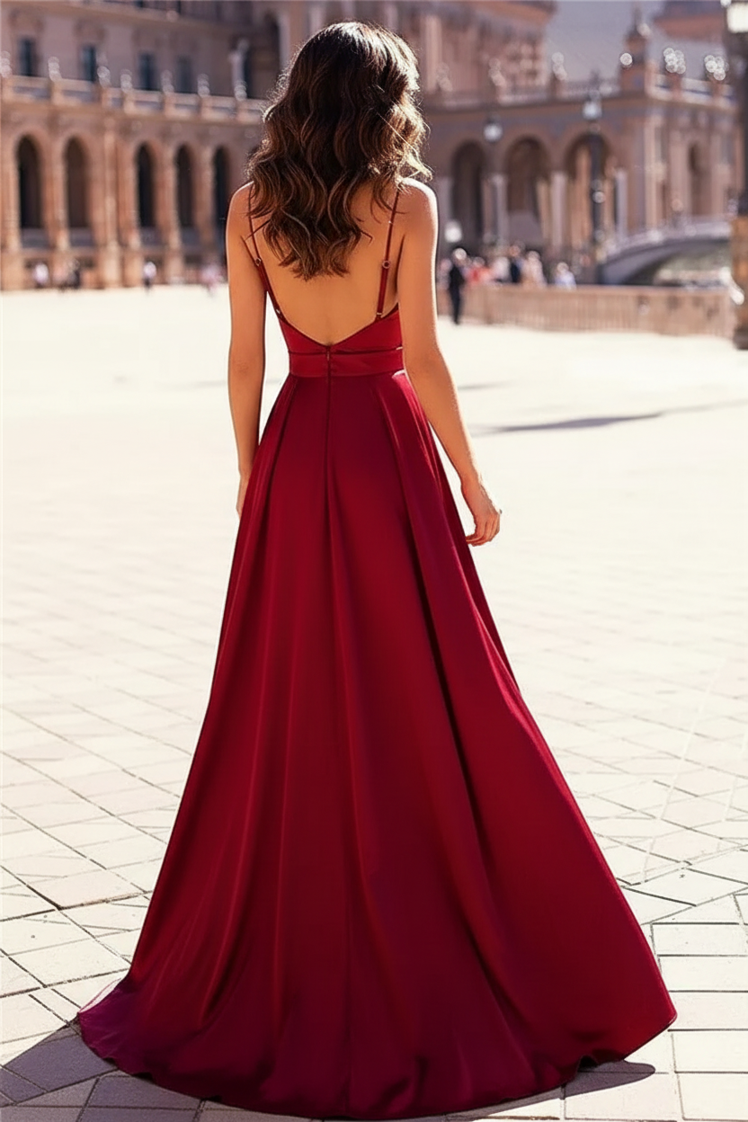 A-Line Sexy Burgundy Spaghetti-Straps Side-Slit Prom Dresses