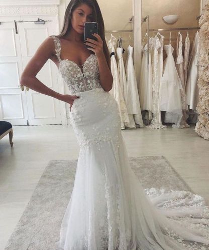 Lace Garden Mermaid Wedding Dress Floral Pattern Slim Sweetheart Bridal Gown