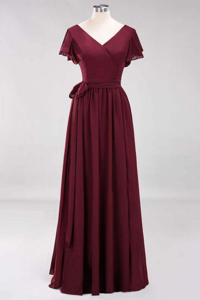 elegant A-line Chiffon V-Neck Short-Sleeves Floor-Length Bridesmaid Dresses with Bow Sash
