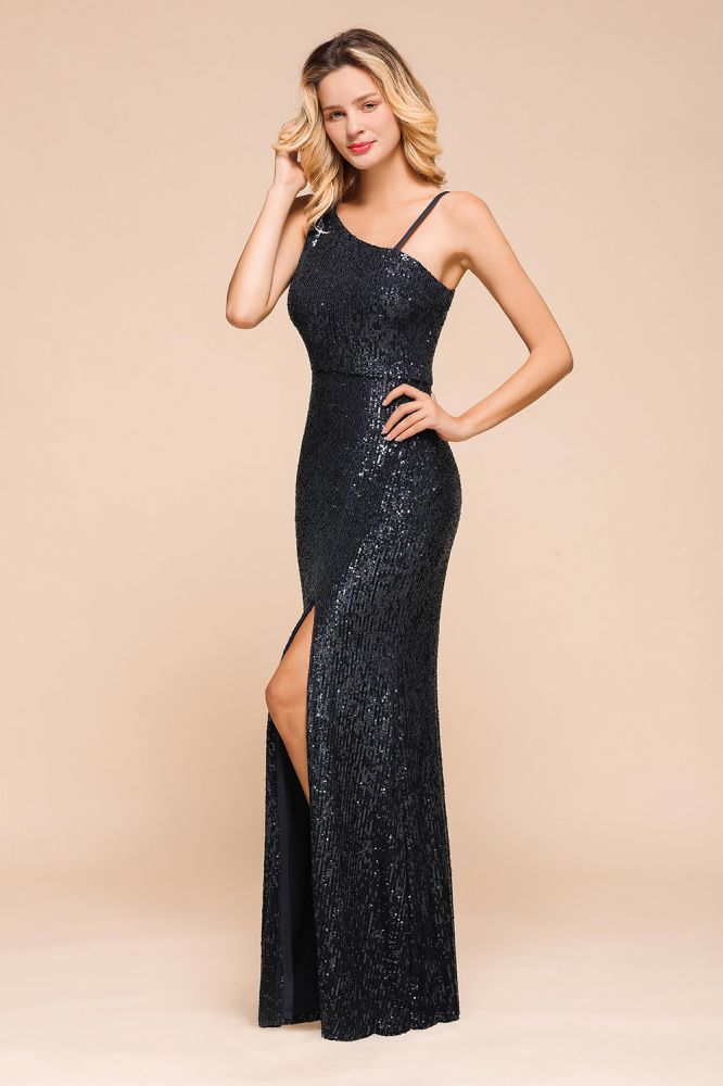 Timeless Black Sequined One shoulder Column High Split Prom Dress