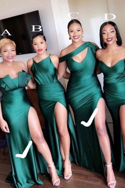 Unique Off-the-shoulder Strapless Emerald Green Elastic Satin Long Bridesmaid Dress