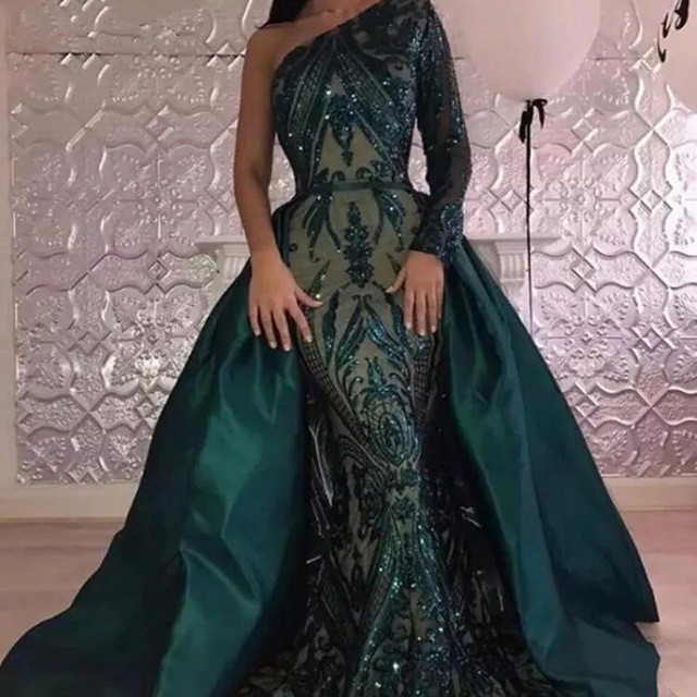 Emerald green One Shoulder Sequins Evening Dresses with Overskirt | Elegant Long sleeves Mermaid Prom Dresses BA7441
