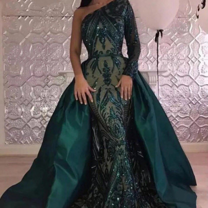 Emerald green One Shoulder Sequins Evening Dresses with Overskirt | Elegant Long sleeves Mermaid Prom Dresses BA7441-Babyonlinewholesale