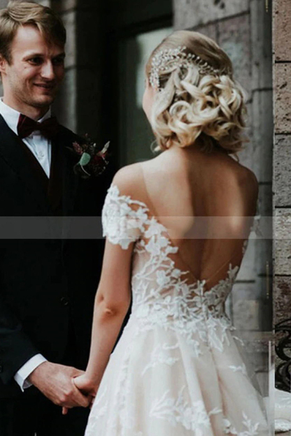 Charming Off Shoulder Floral Lace Bridal Gown Princess White Aline Wedding Dress