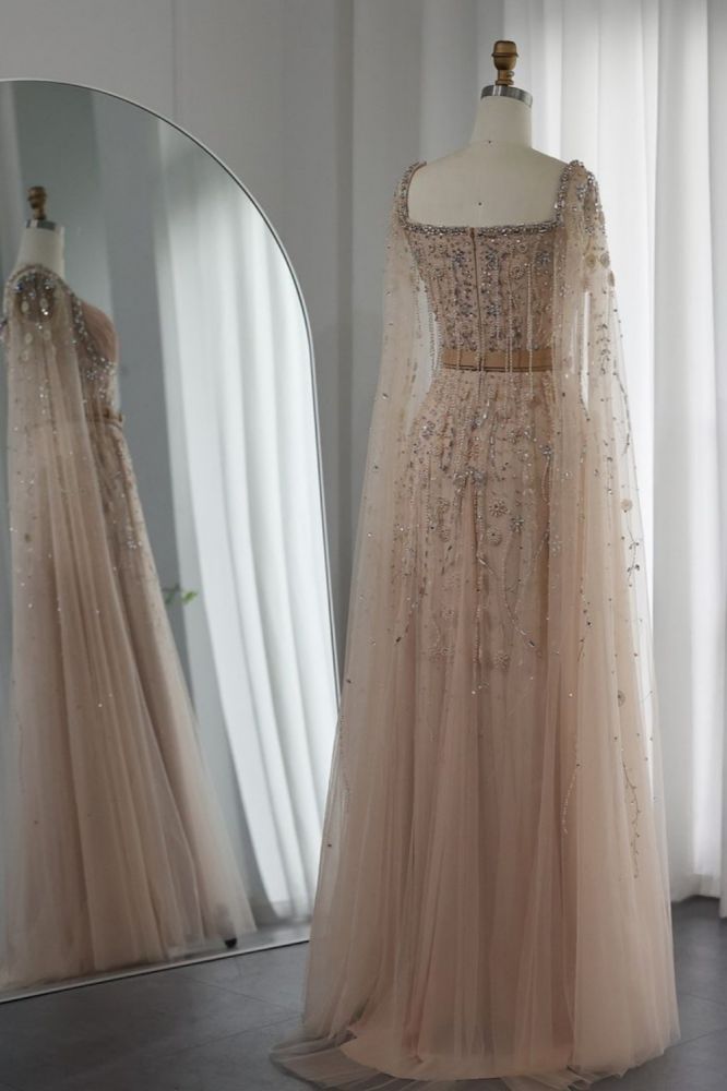 Charming Sweetheart Tulle Beading Long Evening Dress Cape Sleeves Formal Dress with belt