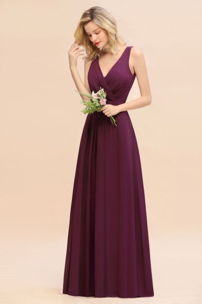 V-Neck A-line Evening Maxi Dress Sleeveless Chiffon Bridesmaid Dress