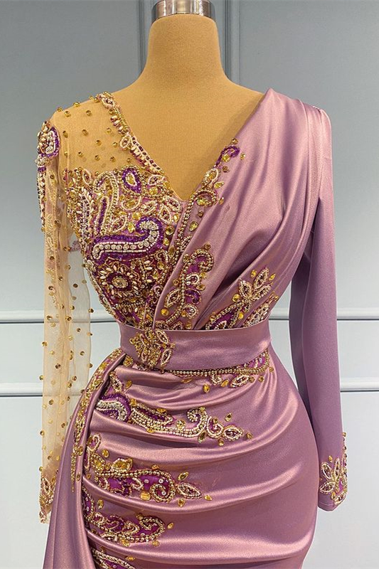 Long sleeves Dusty Pink Satin V-neck Long Prom Dresses