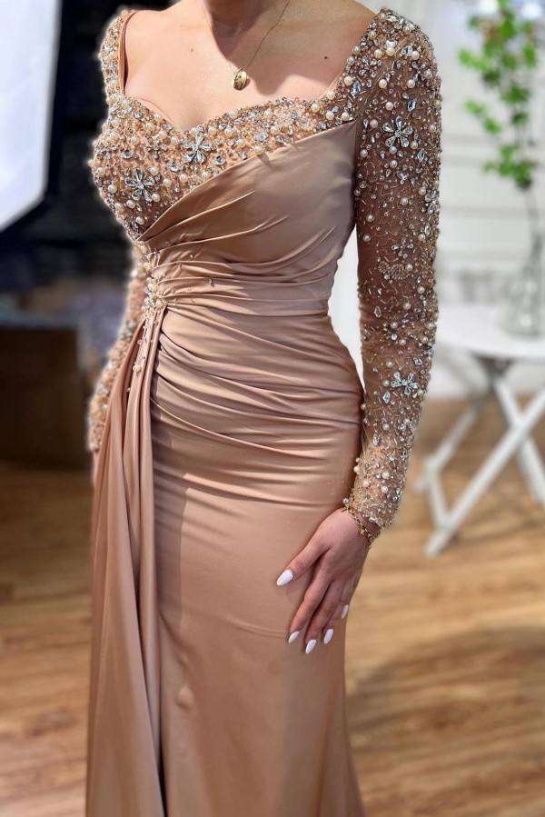 Champagne Square Long Sleeves Floor Length Prom Dress with Beadings