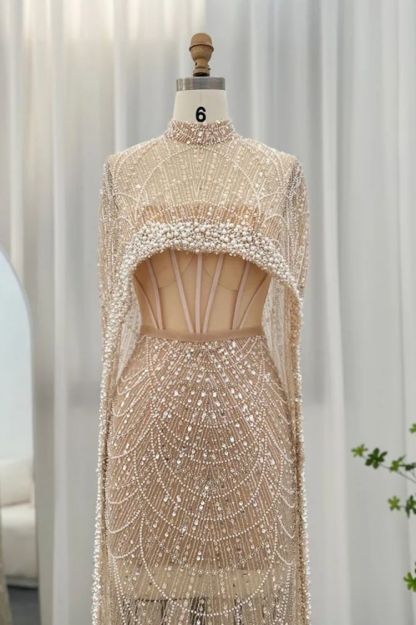 Gorgeous Champagne Cape Sleeves Mermaid Evening Dress Dubai See-through Pearls Party Dress