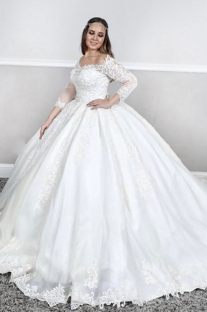 Long sleeves Lace Square neck puffy Ball gown Court train White Wedding Dresses