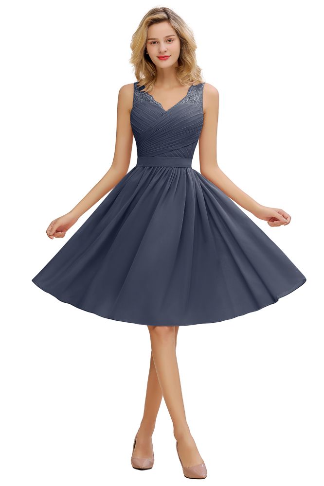Lace V-neck Long Short Homecoming Dresses with Belt | Sexy Sleeveless V-back Pink Knee length Cocktail Dress-Babyonlinewholesale