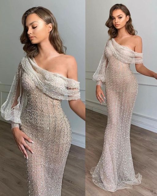 Sparkly One Shoulder Sexy Slim Floor Length Prom Dress